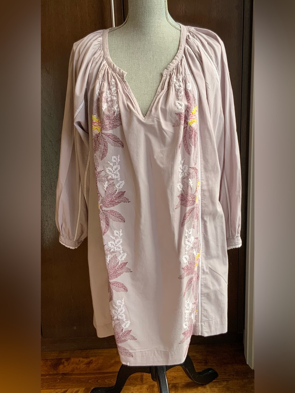 FRAGONARD Hand Embroidered Light Mauve Peasant Tunic Dress